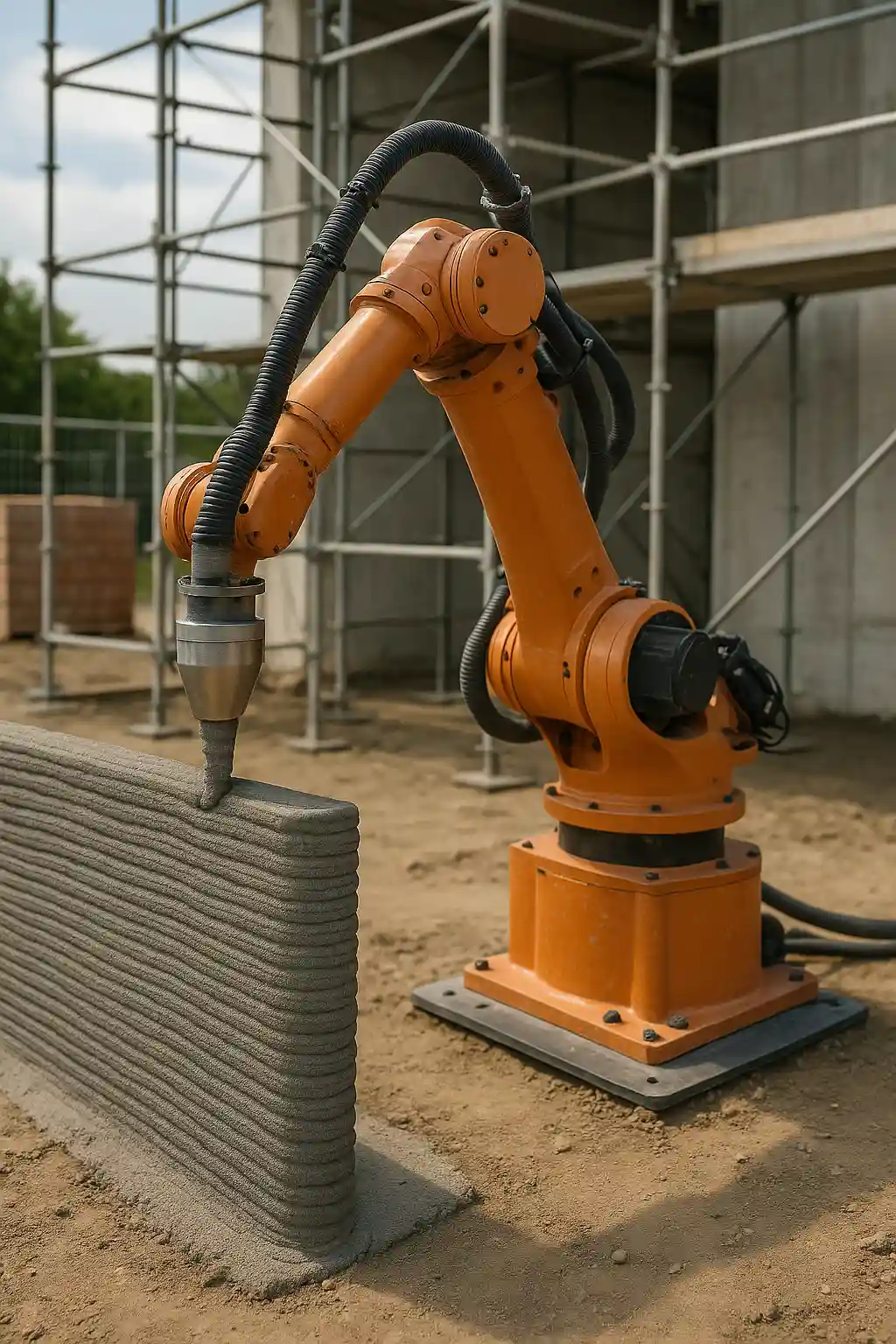 ربات چاپگر بتنی که دیوار را لایه‌به‌لایه در محل پروژه چاپ می‌کند. نمای طبیعی روز و جزئیات بتن دیده شود.