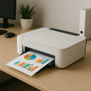 چاپگر رنگی دیجیتال مدرن با قابلیت اتصال بی‌سیم در حال چاپ اسناد رنگی با کیفیت بالا.