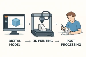 اینفوگرافیک آموزشی از مراحل چاپ سه‌بعدی؛ از طراحی دیجیتال تا ساخت لایه‌به‌لایه و پرداخت نهایی قطعه.