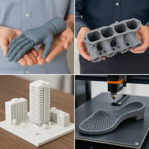 مجموعه تصاویر از کاربردهای چاپ سه‌بعدی در صنایع مختلف مانند پروتزهای پزشکی، قطعات خودرو و مدل‌های معماری.