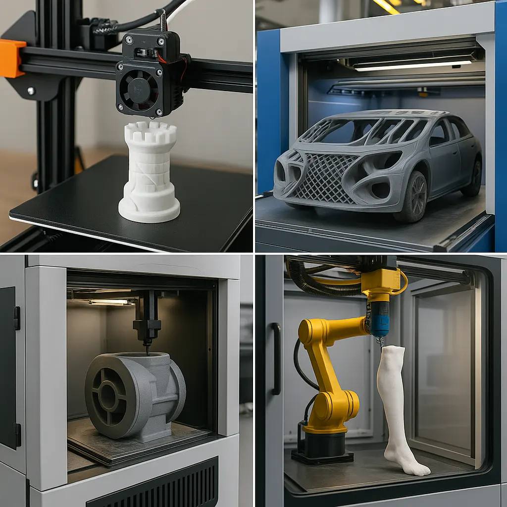 نمایش تحول پرینت سه‌بعدی از چاپگرهای رومیزی تا ماشین‌های صنعتی بزرگ در قالب یک تصویر مقایسه‌ای.