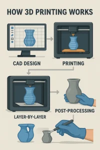 اینفوگرافیک آموزشی از مراحل چاپ سه‌بعدی شامل طراحی دیجیتال، برش لایه‌ها، چاپ و پرداخت نهایی.