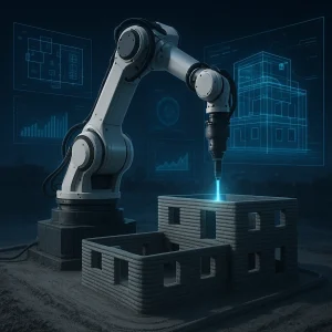 تصویر آینده‌نگر از چاپگر رباتیک سه‌بعدی در حال ساخت ساختمان با نمایش هولوگرافی داده‌های طراحی.