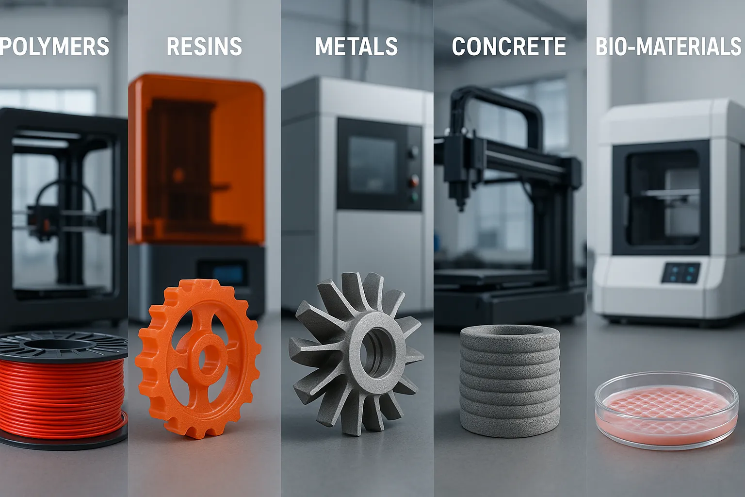 تصویر حرفه‌ای از انواع مواد چاپ سه‌بعدی شامل پلیمر، رزین، فلز، بتن و مواد زیستی در کنار چاپگرهای صنعتی مدرن.