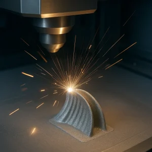 تصویر دقیق از پرینتر سه‌بعدی فلزی با لیزر در حال چاپ قطعه‌ای از تیتانیوم.