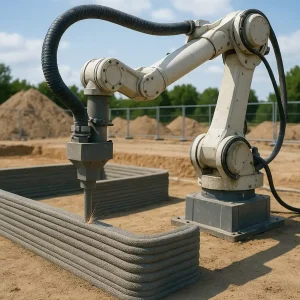 تصویر واقعی از چاپگر رباتیک بتن در حال ساخت دیوار یا سازه در محل پروژه عمرانی.
