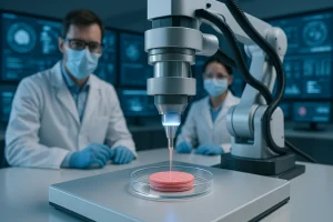 تصویر آینده‌نگر از چاپ زیستی سه‌بعدی با سلول‌های زنده در آزمایشگاه پزشکی.