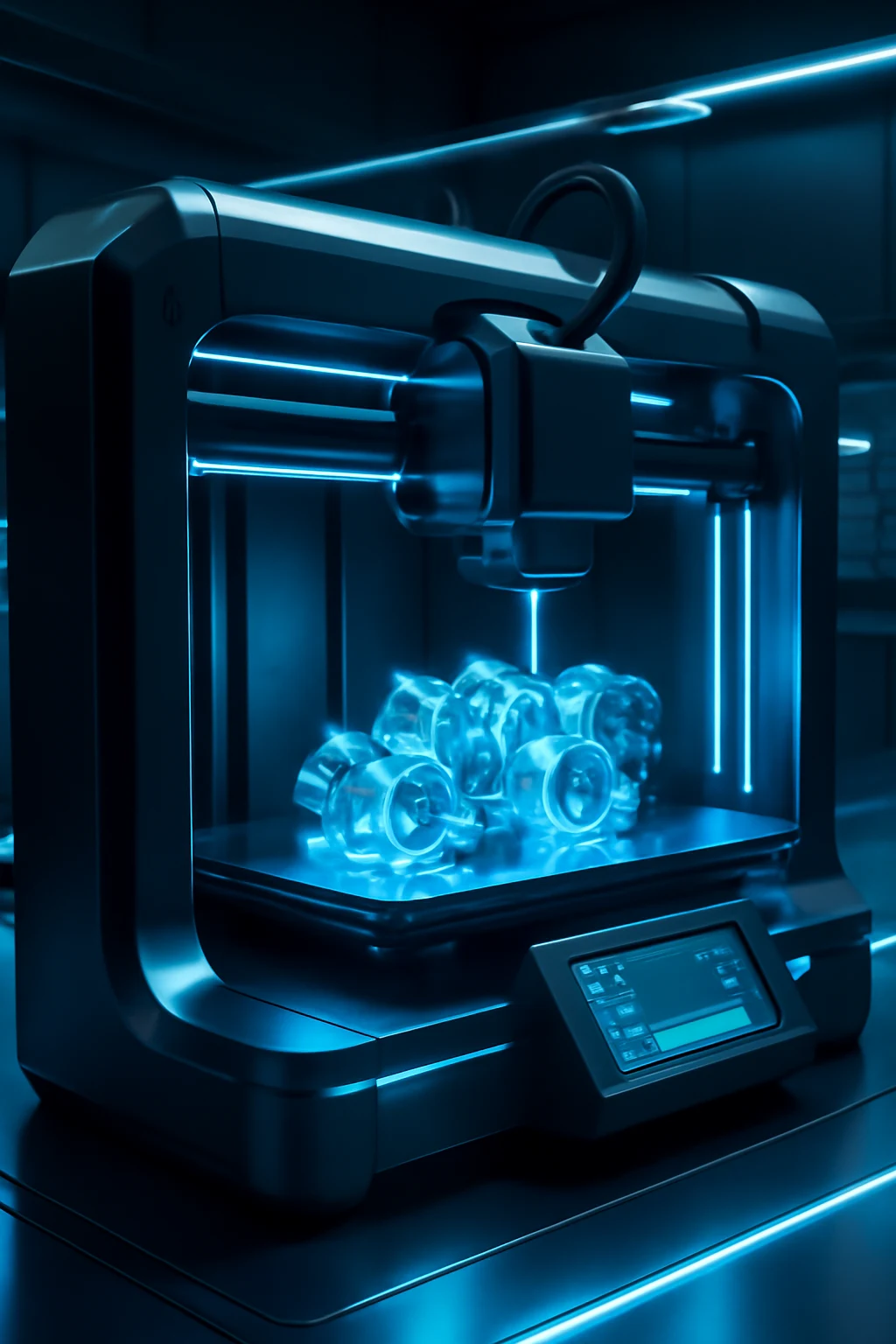 چاپگر سه‌بعدی آینده‌نگر در حال ساخت قطعات صنعتی با نور آبی، نماد تولید هوشمند