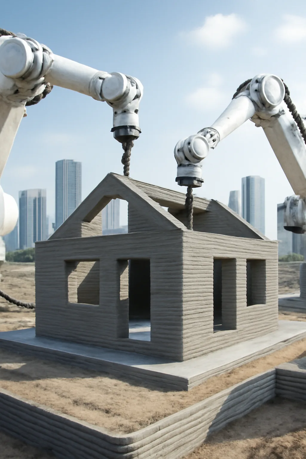 ساخت خانه با چاپ سهبعدی و رباتهای ساختمانی در پسزمینه شهری مدرن | 3dbama