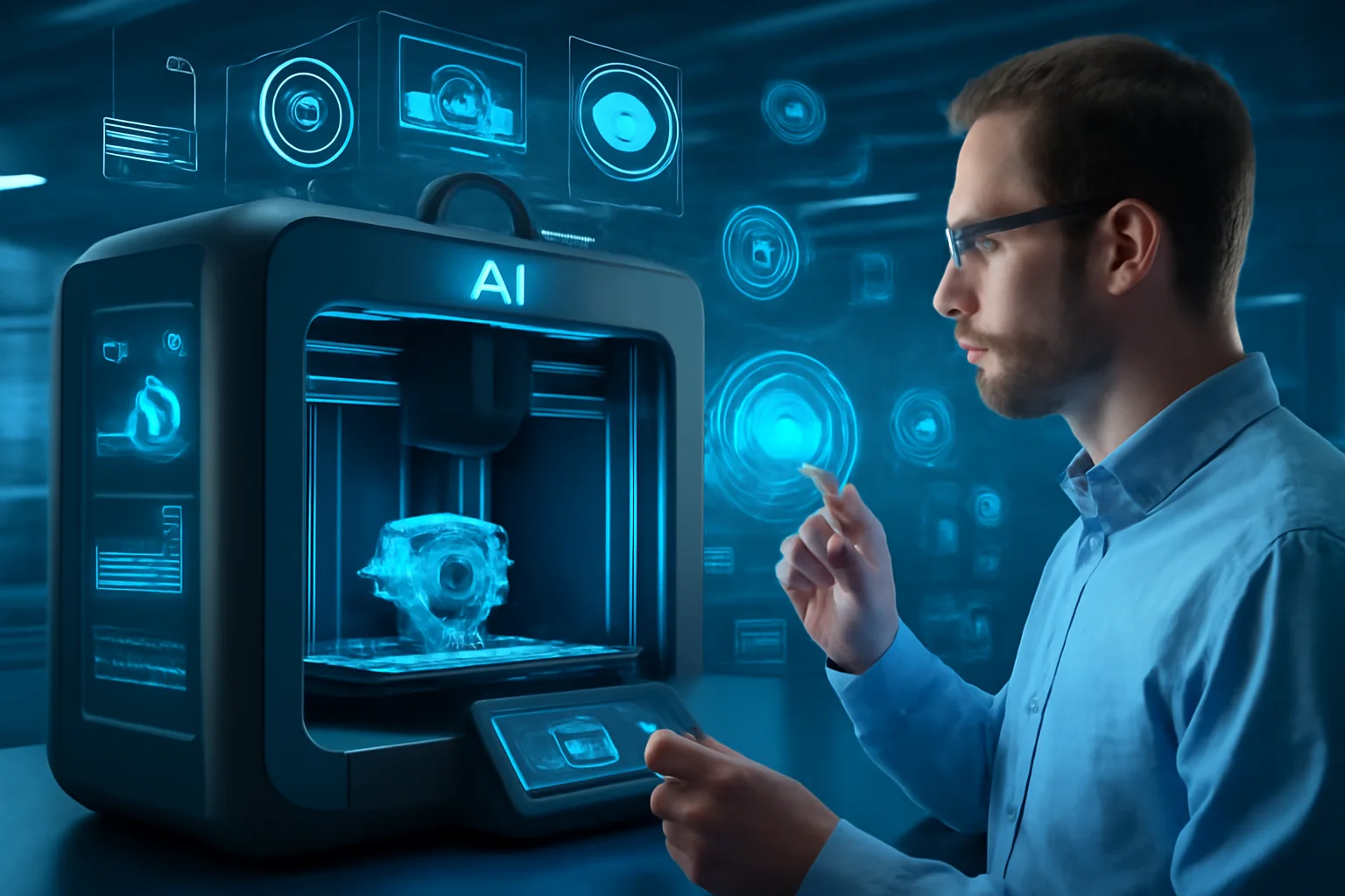 مهندس در کارخانه هوشمند با چاپگر سهبعدی مجهز به هوش مصنوعی و اینترنت اشیاء | 3dbama