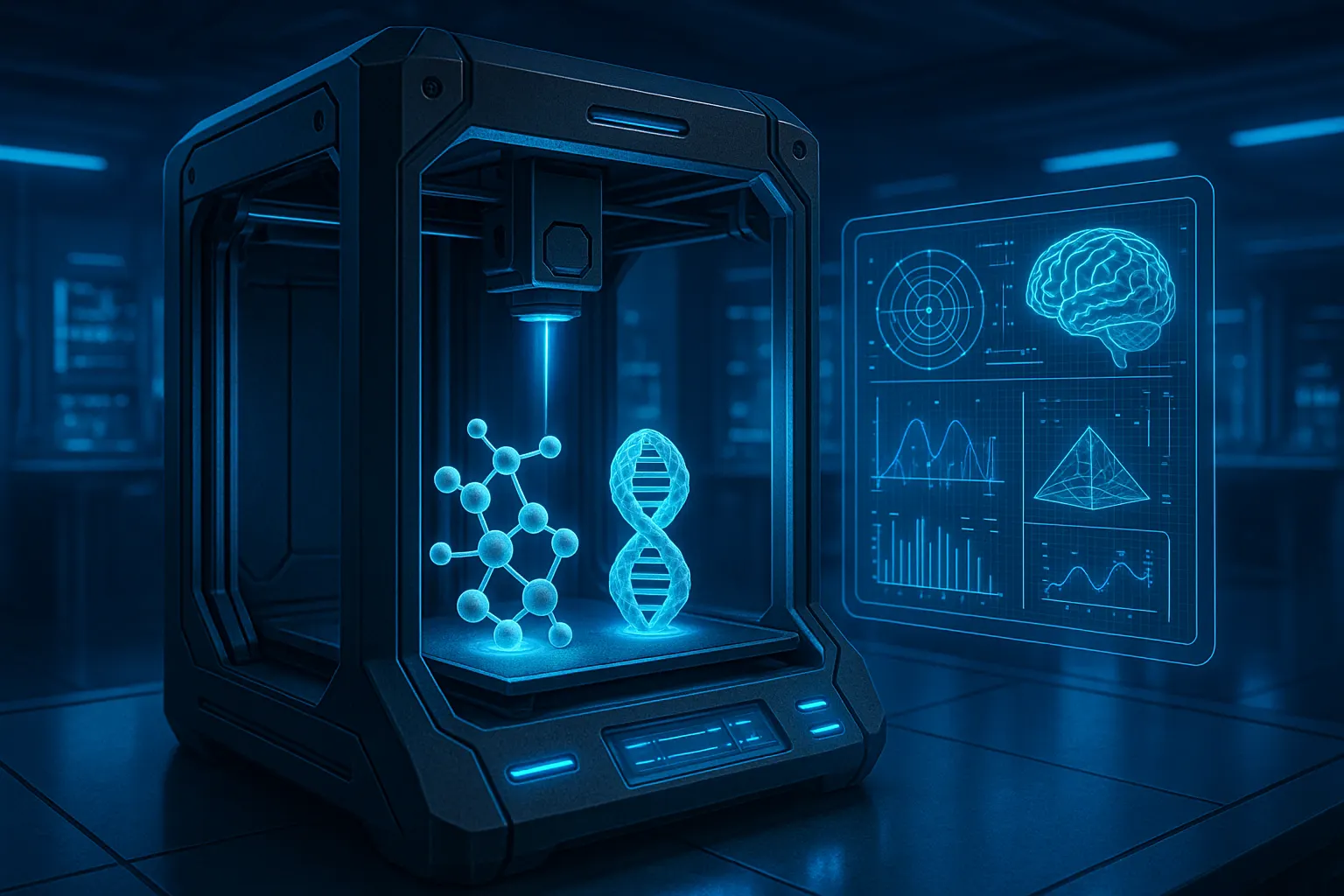 چاپگر سه‌بعدی پیشرفته در حال چاپ مدل‌های علمی با نمایش داده‌های هولوگرافیک در آزمایشگاه مدرن | 3dbama