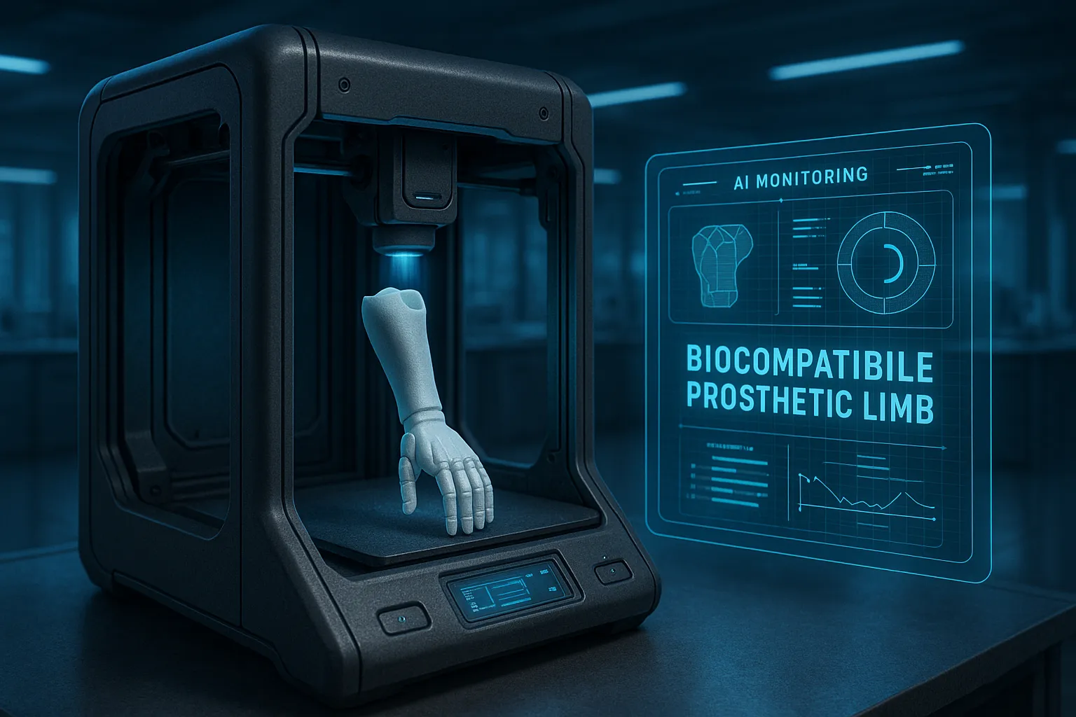 چاپگر سهبعدی پزشکی در حال تولید اندام مصنوعی با پلیمر هوشمند و نظارت هوش مصنوعی در آزمایشگاه واقعی | 3dbama