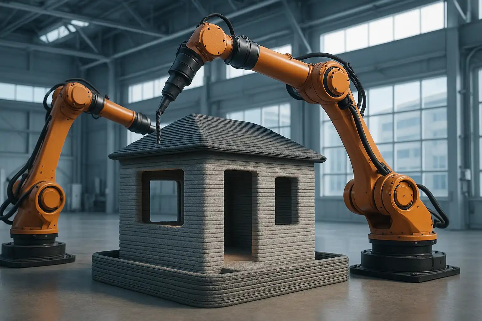 بازوهای رباتیک چاپگر سهبعدی در حال ساخت خانه هوشمند با مواد سازگار با محیطزیست | 3dbama